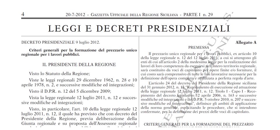 Regione Siciliana: Criteri generali per la formazione del prezzario unico regionale per i lavori pubblici.