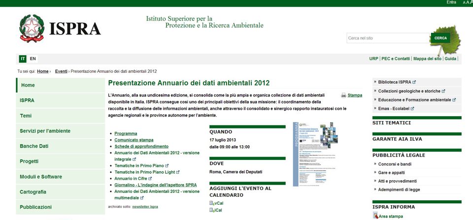 Presentato l’annuario dei dati ambientali 2012 ISPRA