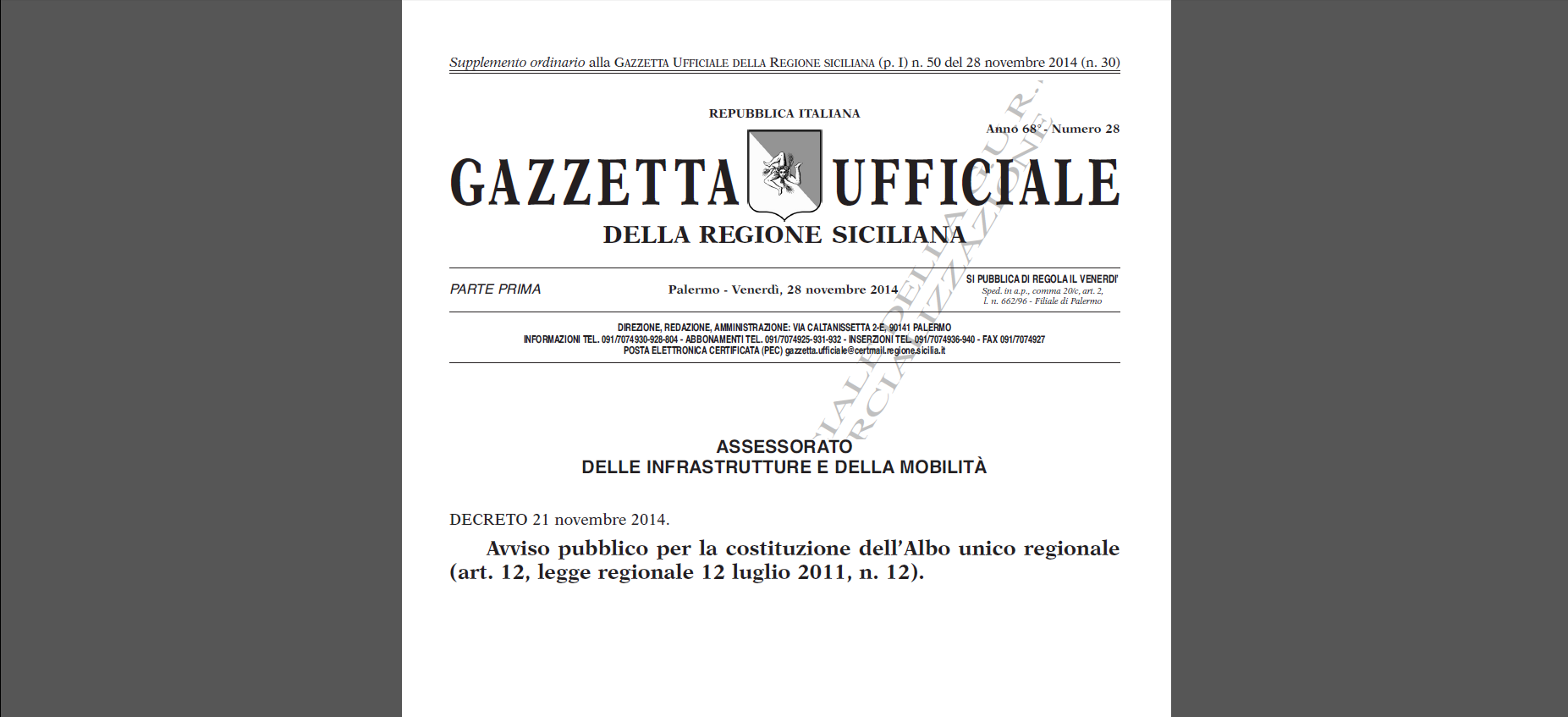 Regione Siciliana: Pubblicato in GURS l’Avviso pubblico per la costituzione dell’Albo unico regionale.