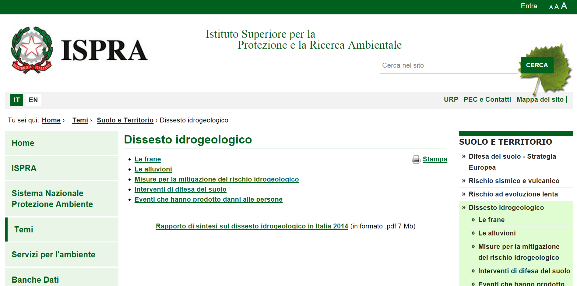 ISPRA: pubblicato il nuovo “Rapporto di sintesi sul dissesto idrogeologico in Italia 2014”