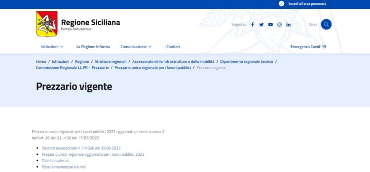 Pubblicato il nuovo Prezzario Unico Regionale LL.PP Regione Siciliana